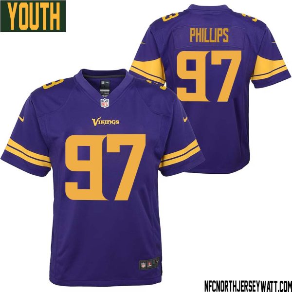 Harrison Phillips No 97 Youth Purple Minnesota Vikings Color Rush Vapor Untouchable Limited Jersey- Replica