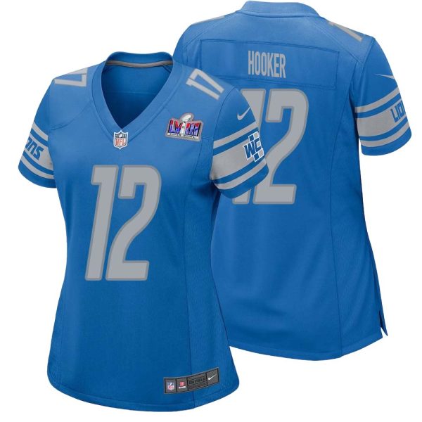 Hendon Hooker No 12 Womens Custom Blue Detroit Lions Super Bowl Lviii Player Home Game Jersey
