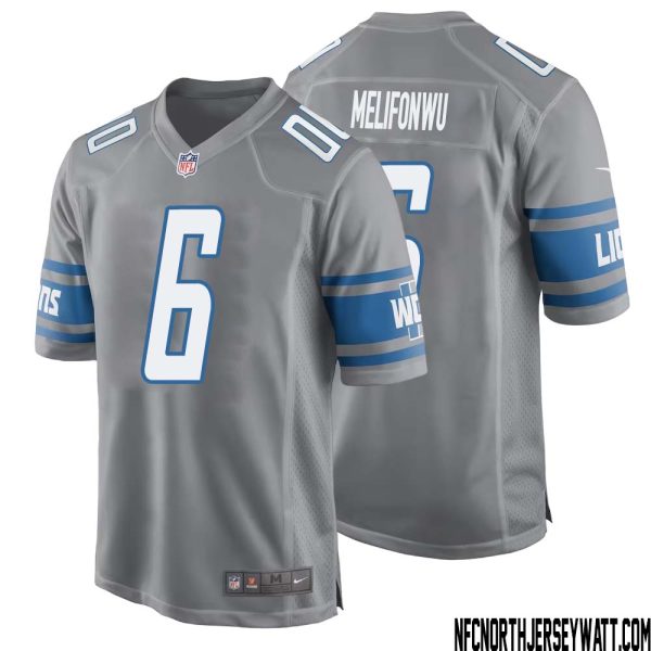 Ifeatu Melifonwu No 6 Men Gray Detroit Lions Player Alternate Game Jersey – Replica