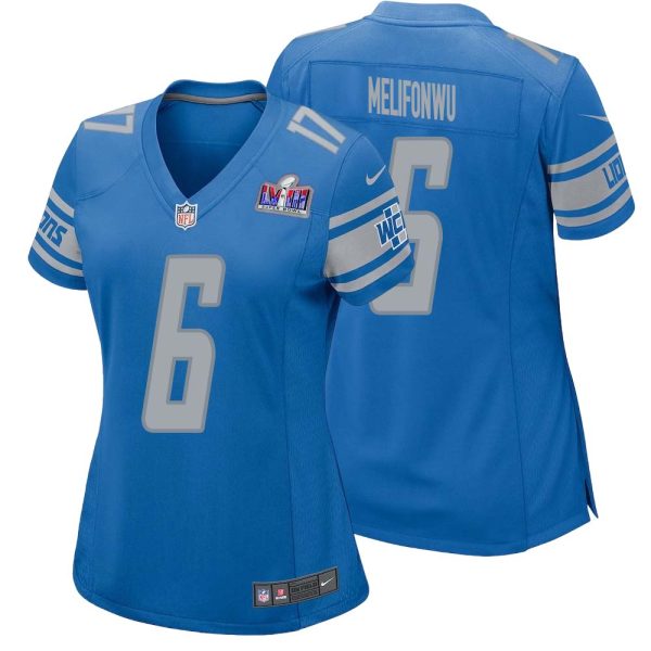 Ifeatu Melifonwu No 6 Womens Custom Blue Detroit Lions Super Bowl Lviii Player Home Game Jersey