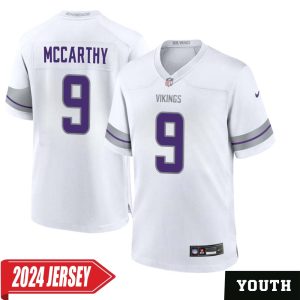 J.J. McCarthy No 9 Youth’s Minnesota Vikings White Alternate Custom Game 2024 Jersey