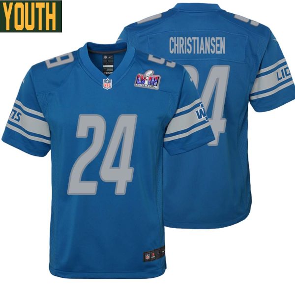 Jack Christiansen No 24 Youths Custom Blue Detroit Lions Super Bowl Lviii Player Home Game Jersey