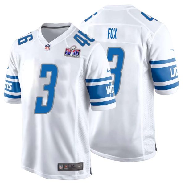 Jack Fox No 3 Mens Custom White Detroit Lions Super Bowl Lviii Away Game Jersey