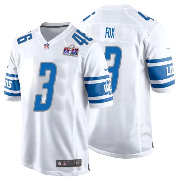 Jack Fox No 3 Mens Custom White Detroit Lions Super Bowl LVIII Away Game Jersey