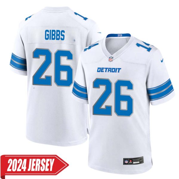 Jahmyr Gibbs No 26 Men’S Detroit Lions Away Game 2024 Jersey – White