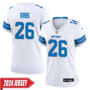 Jahmyr Gibbs No 26 Woman’s Detroit Lions Away Game 2024 Jersey – White