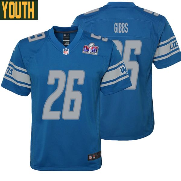 Jahmyr Gibbs No 26 Youths Custom Blue Detroit Lions Super Bowl Lviii Player Home Game Jersey