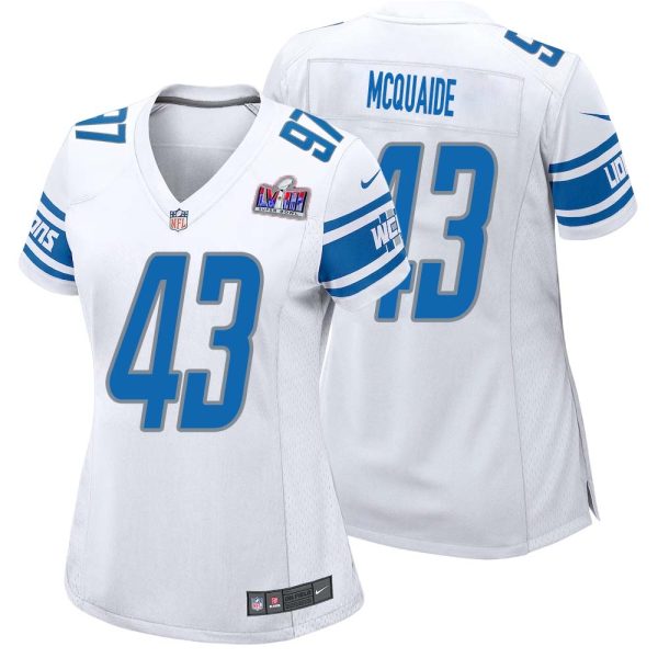 Jake Mcquaide No 43 Womens Custom White Detroit Lions Super Bowl Lviii Away Game Jersey
