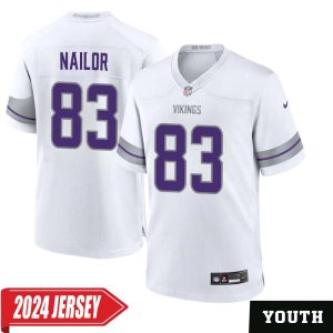 Jalen Nailor No 83 Youth’s Minnesota Vikings White Alternate Custom Game 2024 Jersey