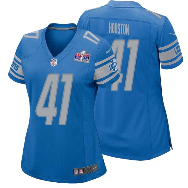 James Houston No 41 Womens Custom Blue Detroit Lions Super Bowl Lviii Player Home Game Jersey