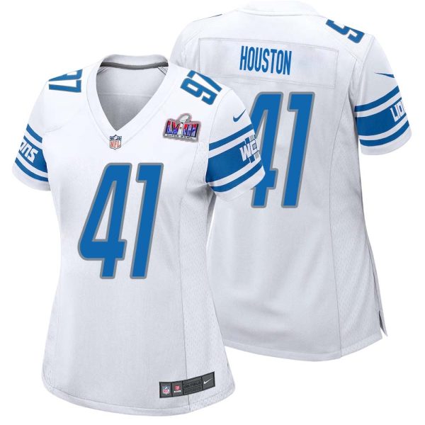 James Houston No 41 Womens Custom White Detroit Lions Super Bowl Lviii Away Game Jersey