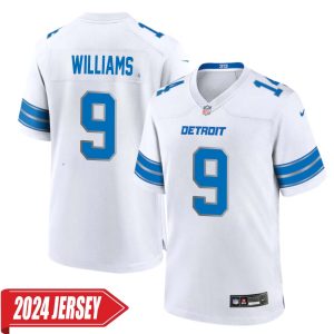 Jameson Williams No 9 Men’s Detroit Lions Away Game 2024 Jersey – White