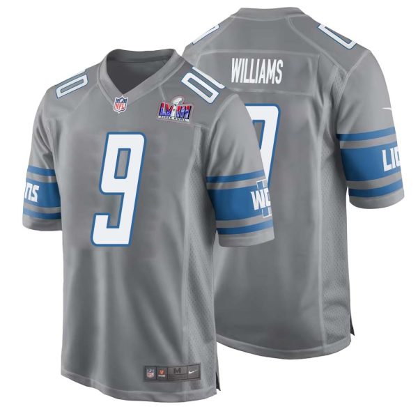 Jameson Williams No 9 Mens Custom Gray Detroit Lions Alternate Super Bowl Lviii Game Jersey