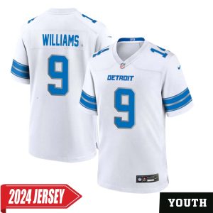 Jameson Williams No 9 Youth’s Detroit Lions Away Game 2024 Jersey – White