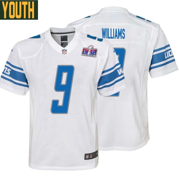 Jameson Williams No 9 Youths Custom White Detroit Lions Super Bowl Lviii Away Game Jersey