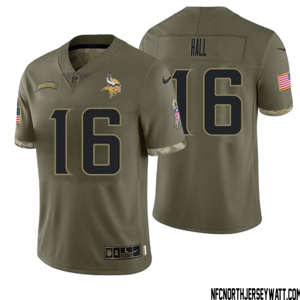 Jaren Hall No 16 Men Olive Minnesota Vikings 2022 Salute To Service Retired Player Limited Jersey – Replica