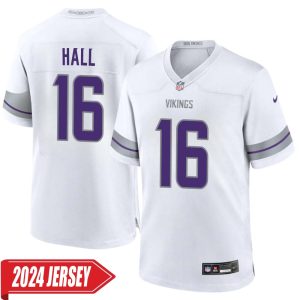 Jaren Hall No 16 Men’s Minnesota Vikings White Alternate Custom Game 2024 Jersey