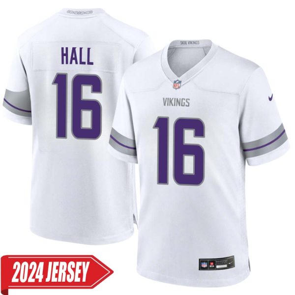 Jaren Hall No 16 Men’S Minnesota Vikings White Alternate Custom Game 2024 Jersey