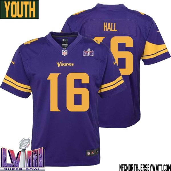 Jaren Hall No 16 Minnesota Vikings Super Bowl Lviii Alternate Game Jersey Purple For Youth – Replica