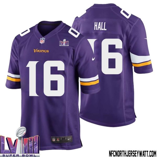 Jaren Hall No 16 Minnesota Vikings Super Bowl Lviii Home Game Jersey Court Purple For Mens – Replica
