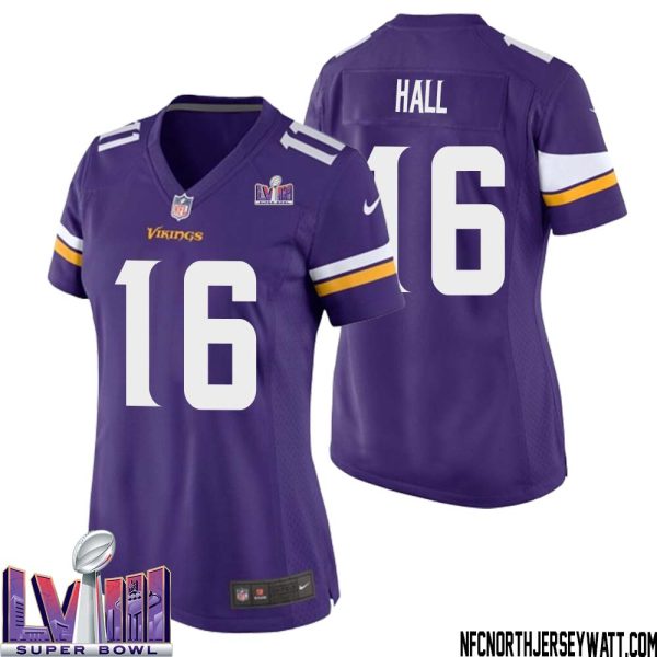Jaren Hall No 16 Minnesota Vikings Super Bowl Lviii Home Game Jersey Court Purple For Women – Replica