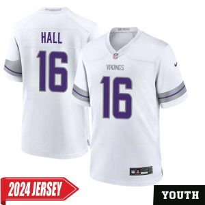 Jaren Hall No 16 Youth’s Minnesota Vikings White Alternate Custom Game 2024 Jersey