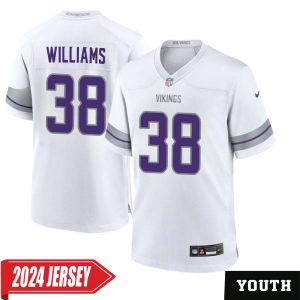 Jaylin Williams No 38 Youth’s Minnesota Vikings White Alternate Custom Game 2024 Jersey
