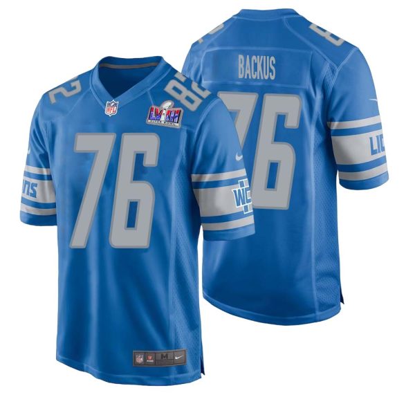 Jeff Backus No 76 Mens Custom Blue Detroit Lions Super Bowl Lviii Player Home Game Jersey