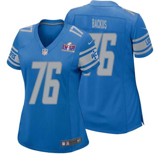 Jeff Backus No 76 Womens Custom Blue Detroit Lions Super Bowl Lviii Player Home Game Jersey