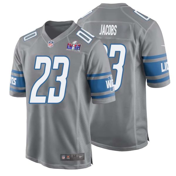 Jerry Jacobs No 23 Mens Custom Gray Detroit Lions Alternate Super Bowl Lviii Game Jersey