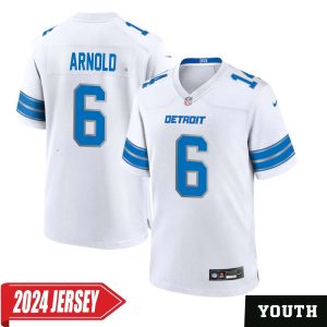 Jim Arnold No 6 Youth’s Detroit Lions Away Game 2024 Jersey – White