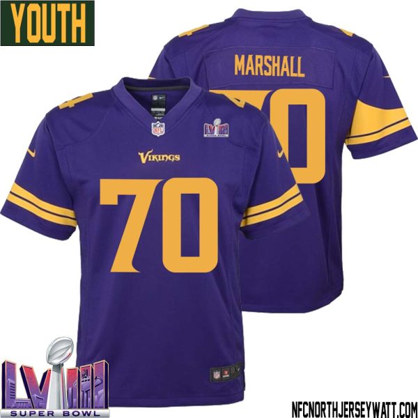 Jim Marshall No 70 Minnesota Vikings Super Bowl Lviii Alternate Game Jersey Purple For Youth – Replica