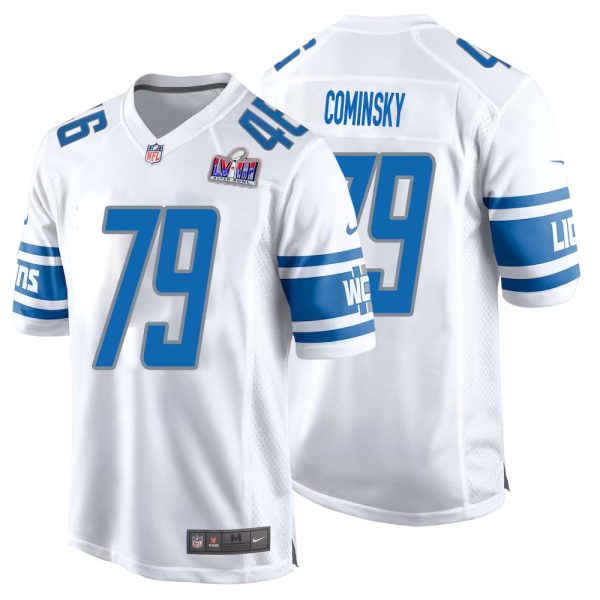 John Cominsky No 79 Mens Custom White Detroit Lions Super Bowl Lviii Away Game Jersey