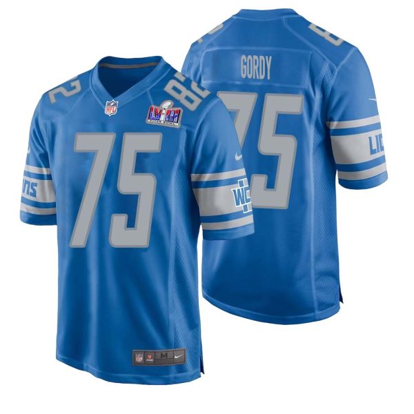 John Gordy No 75 Mens Custom Blue Detroit Lions Super Bowl LVIII Player Home Game Jersey