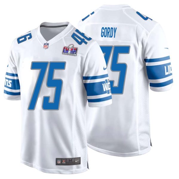 John Gordy No 75 Mens Custom White Detroit Lions Super Bowl LVIII Away Game Jersey