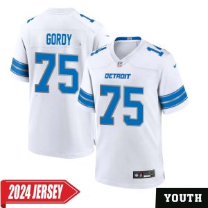 John Gordy No 75 Youth’s Detroit Lions Away Game 2024 Jersey – White