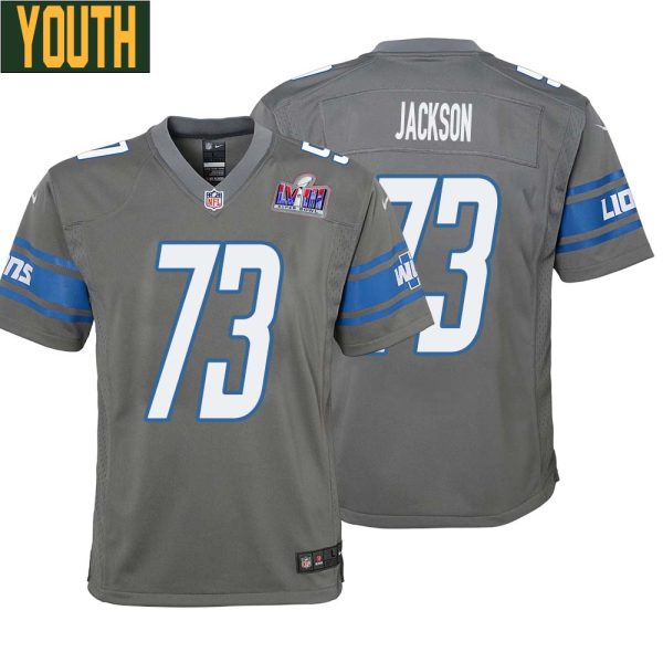 Jonah Jackson No 73 Youths Custom Gray Detroit Lions Alternate Super Bowl Lviii Game Jersey