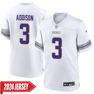 Jordan Addison No 3 Men’s Minnesota Vikings White Alternate Custom Game 2024 Jersey
