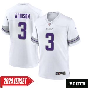 Jordan Addison No 3 Youth’s Minnesota Vikings White Alternate Custom Game 2024 Jersey