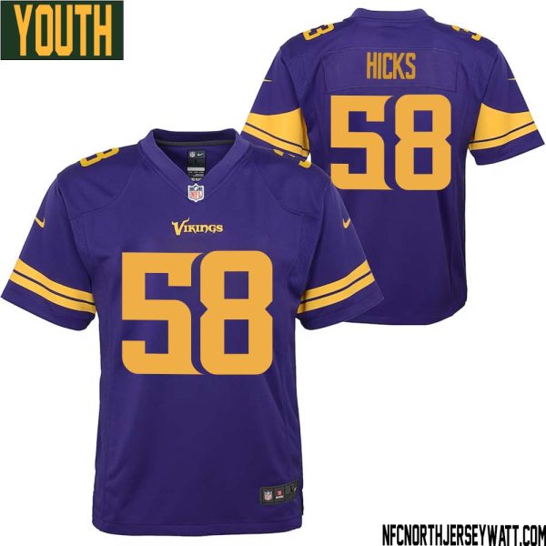 Jordan Hicks No 58 Youth Purple Minnesota Vikings Color Rush Vapor Untouchable Limited Jersey- Replica