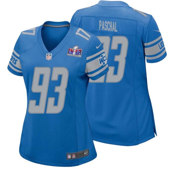Josh Paschal No 93 Womens Custom Blue Detroit Lions Super Bowl Lviii Player Home Game Jersey