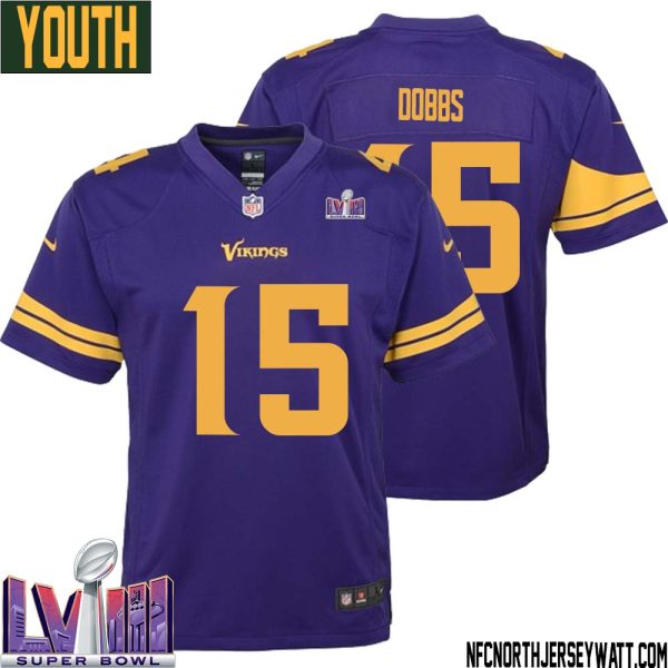 Joshua Dobbs No 15 Minnesota Vikings Super Bowl Lviii Alternate Game Jersey Purple For Youth – Replica