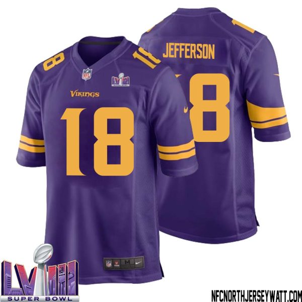 Justin Jefferson No 18 Minnesota Vikings Super Bowl LVIII Alternate Game Jersey Purple for Men – Replica