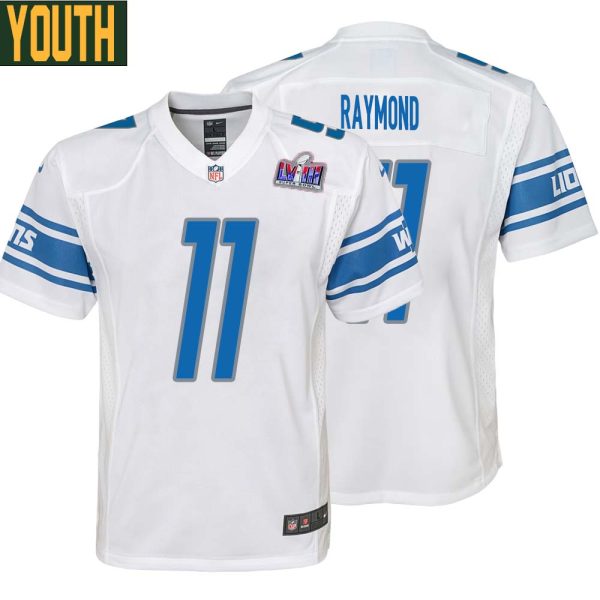 Kalif Raymond No 11 Youths Custom White Detroit Lions Super Bowl Lviii Away Game Jersey