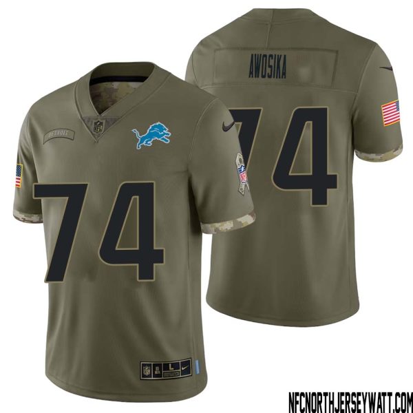Kayode Awosika No 74 Men Olive Detroit Lions 2022 Salute To Service Retired Player Limited Jersey – Replica