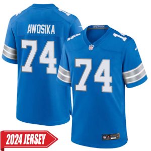 Kayode Awosika No 74 Men’s Detroit Lions Home Game 2024 Jersey – Blue