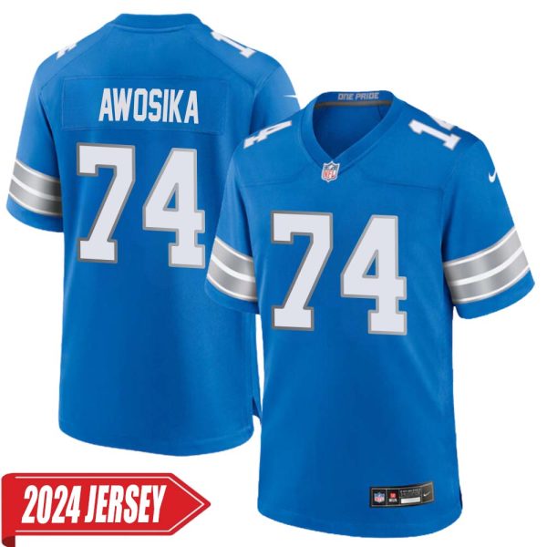 Kayode Awosika No 74 Men’S Detroit Lions Home Game 2024 Jersey – Blue
