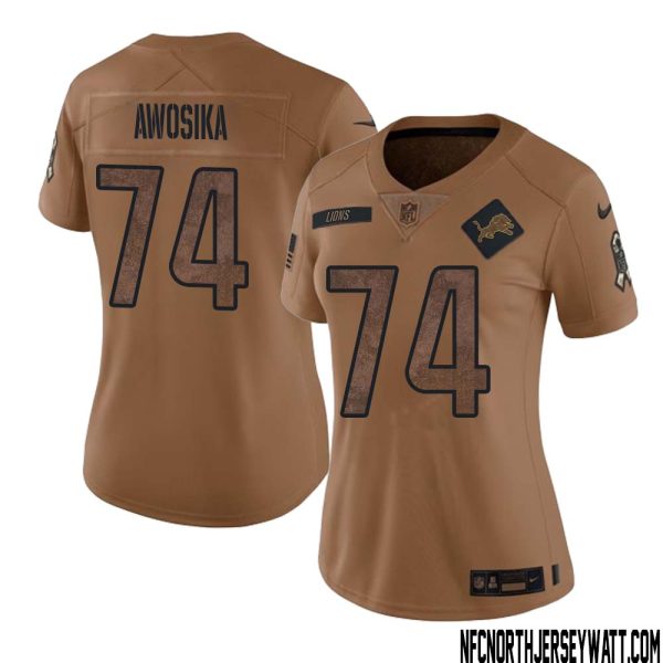 Kayode Awosika No 74 Women Brown Detroit Lions 2023 Salute To Service Retired Player Limited Jersey – Replica