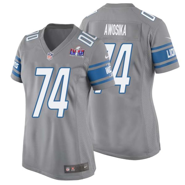 Kayode Awosika No 74 Womens Custom Gray Detroit Lions Alternate Super Bowl Lviii Game Jersey