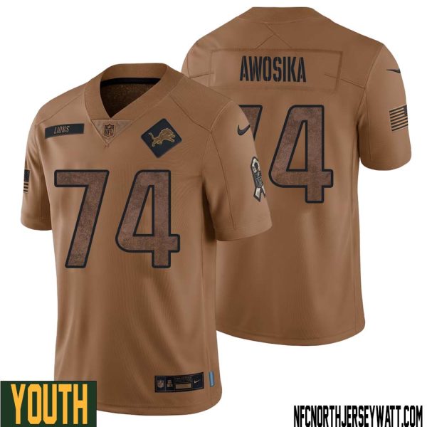 Kayode Awosika No 74 Youth Brown Detroit Lions 2023 Salute To Service Retired Player Limited Jersey – Replica